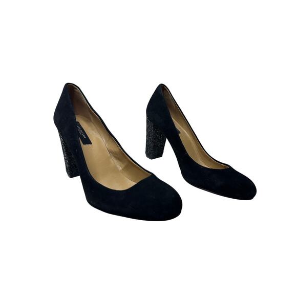 Ann Taylor Size 8 Black Suede Sparkle Glitter Block Heel  Cocktail Office Party - Picture 2 of 11